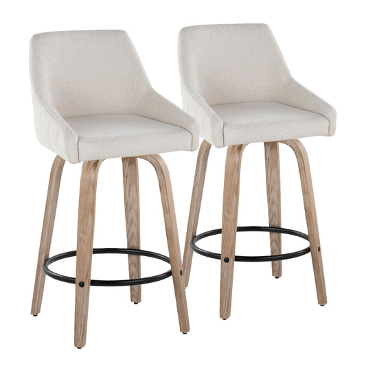 The Hannah Set of 2 Transitional Fixed Height Counter Stools features light beige upholstered swivel seats, short armrests, and curved wooden legs with black round metal footrests for a clean, contemporary look.