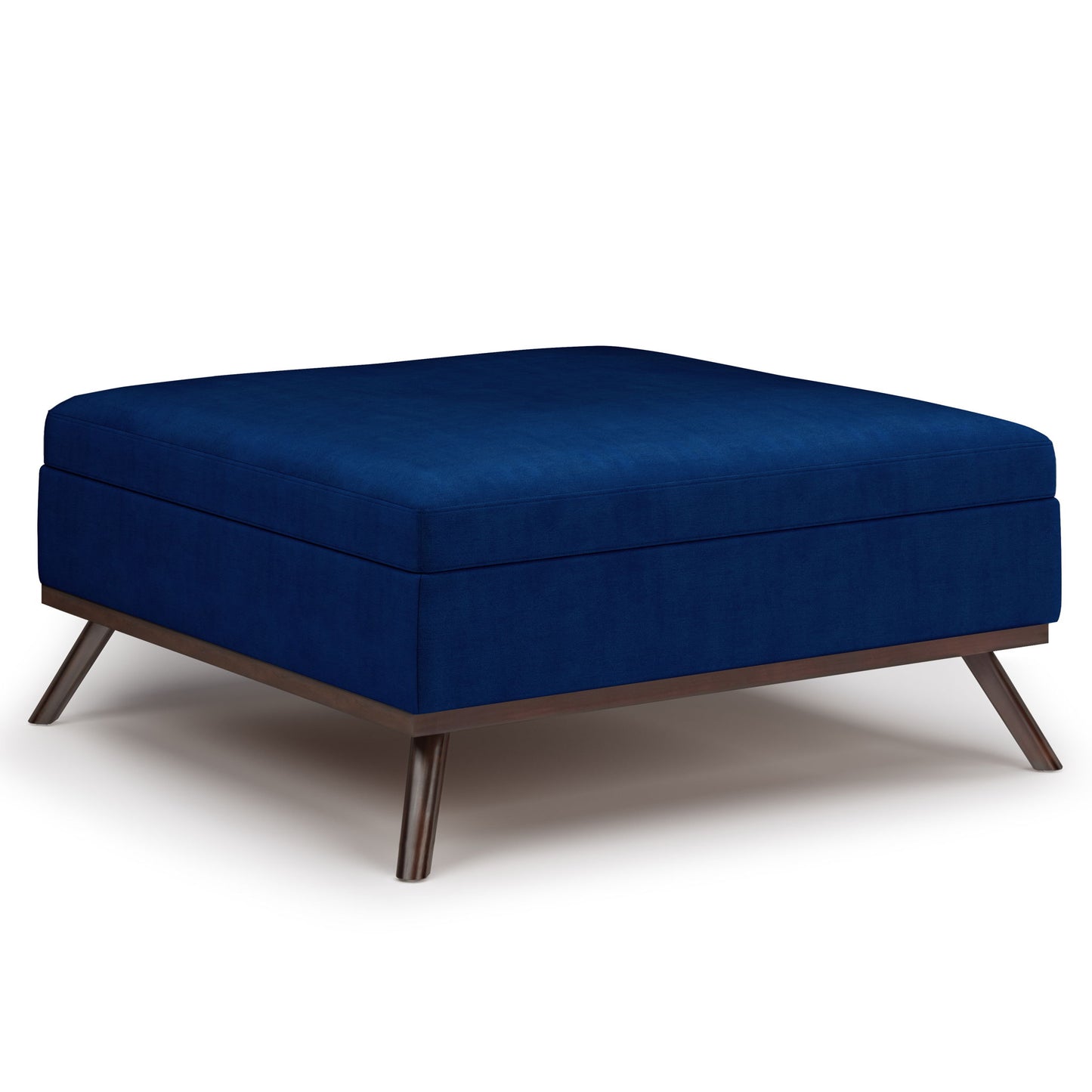 The Owen Multifunctional Square Coffee Table Storage Ottoman features dark blue upholstery and angled wooden legs, displayed on a white background.
