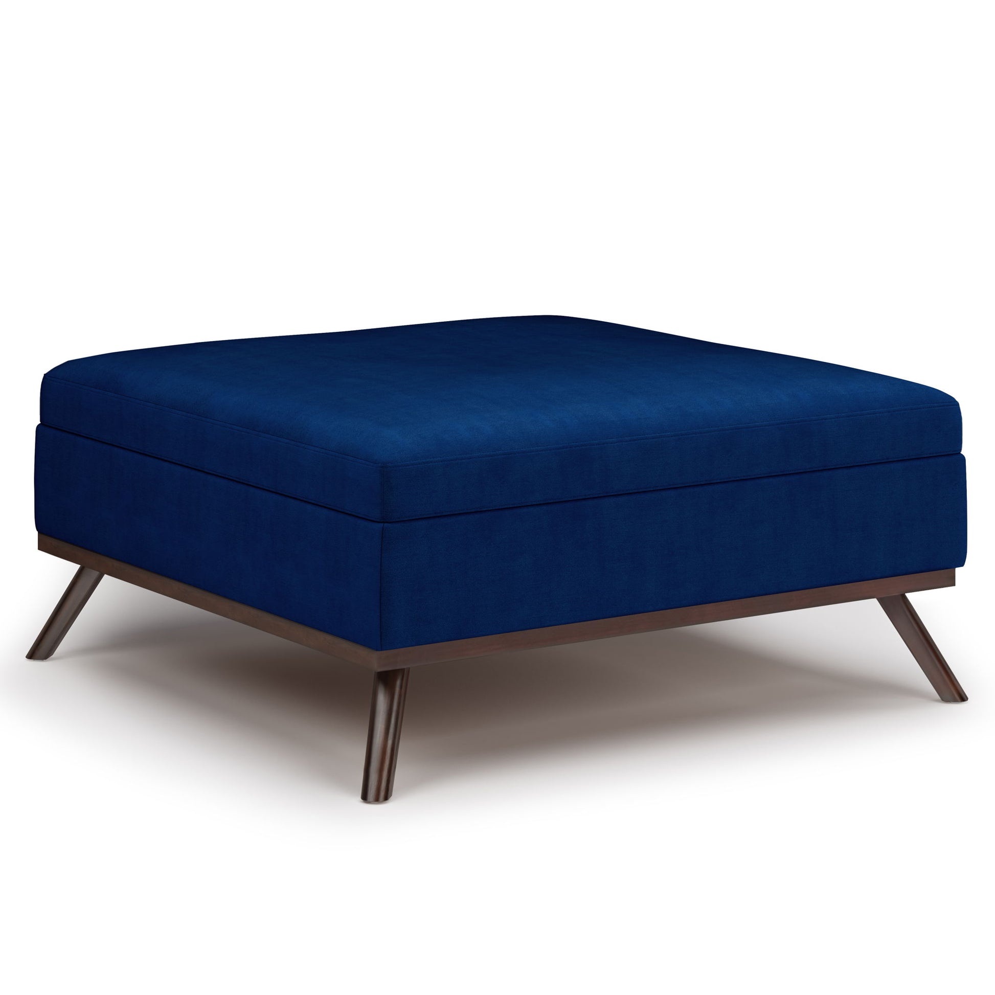 The Owen Multifunctional Square Coffee Table Storage Ottoman features dark blue upholstery and angled wooden legs, displayed on a white background.