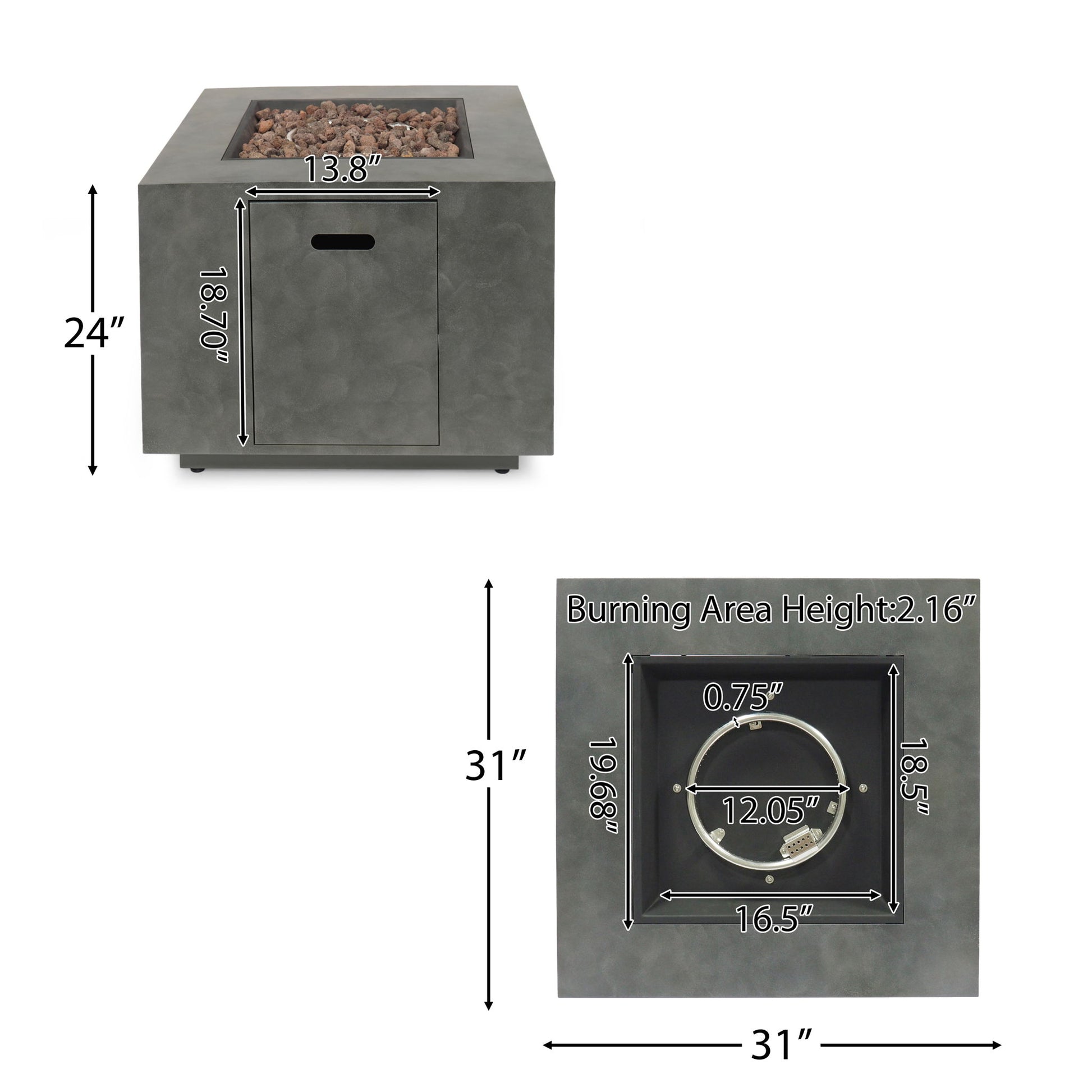 The Outdoor Patio Gas Burning Fire Pit Table 50,000 Btu is a square unit (24"H x 31"W x 31"D) with an access door (18.7"H x 13.8"W), a burning area 12.05" in diameter by 2.16" high, and a visible control knob.