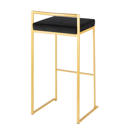 The Fuji barstool features a gold metal frame, rectangular black cushioned seat, minimalist backrest, and a sleek contemporary design, blending glam style with quality construction.