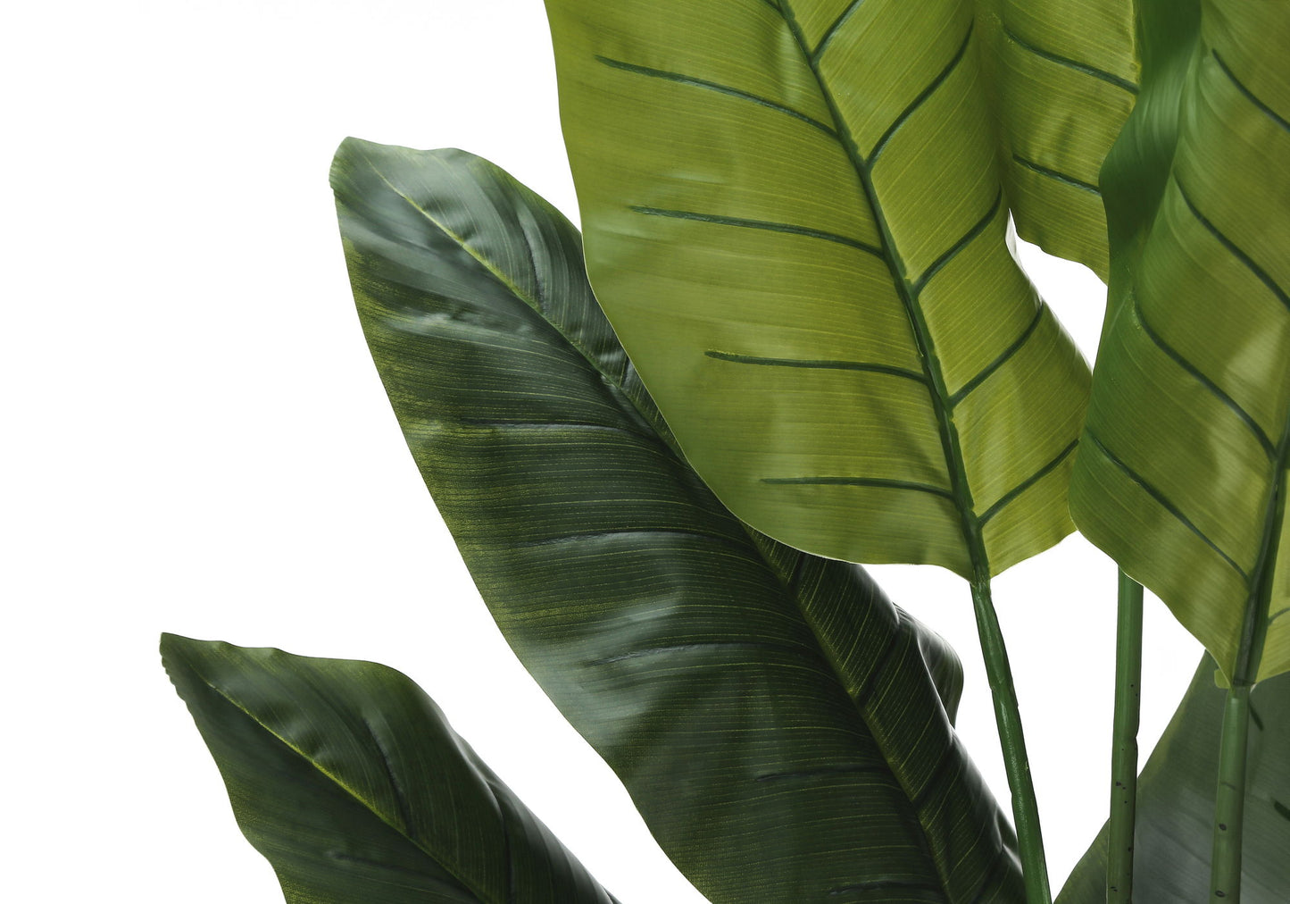 The 59" Tall Artificial Strelitzia Tree features overlapping, large green leaves with realistic veins and natural textures. This potted faux plant adds lush greenery and decorative flair to any indoor space.