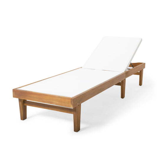 The Outdoor Chaise Lounge With Acacia Wood Frame - White / Teak features a white cushioned seat and adjustable backrest, perfect for outdoor relaxation. Shown on a white background.