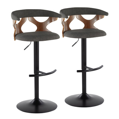 Set of 2 Gardenia contemporary adjustable barstools with swivel, black round bases, rounded T footrests, curved wooden backrests with cut-out designs, and dark gray upholstered seats and backs.