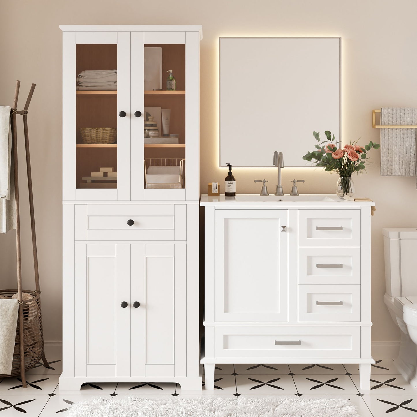 Bathroom Vanity & Tall Storage Cabinet Set With Doors, Adjustable Shelves, Soft Close Hinges, Sink