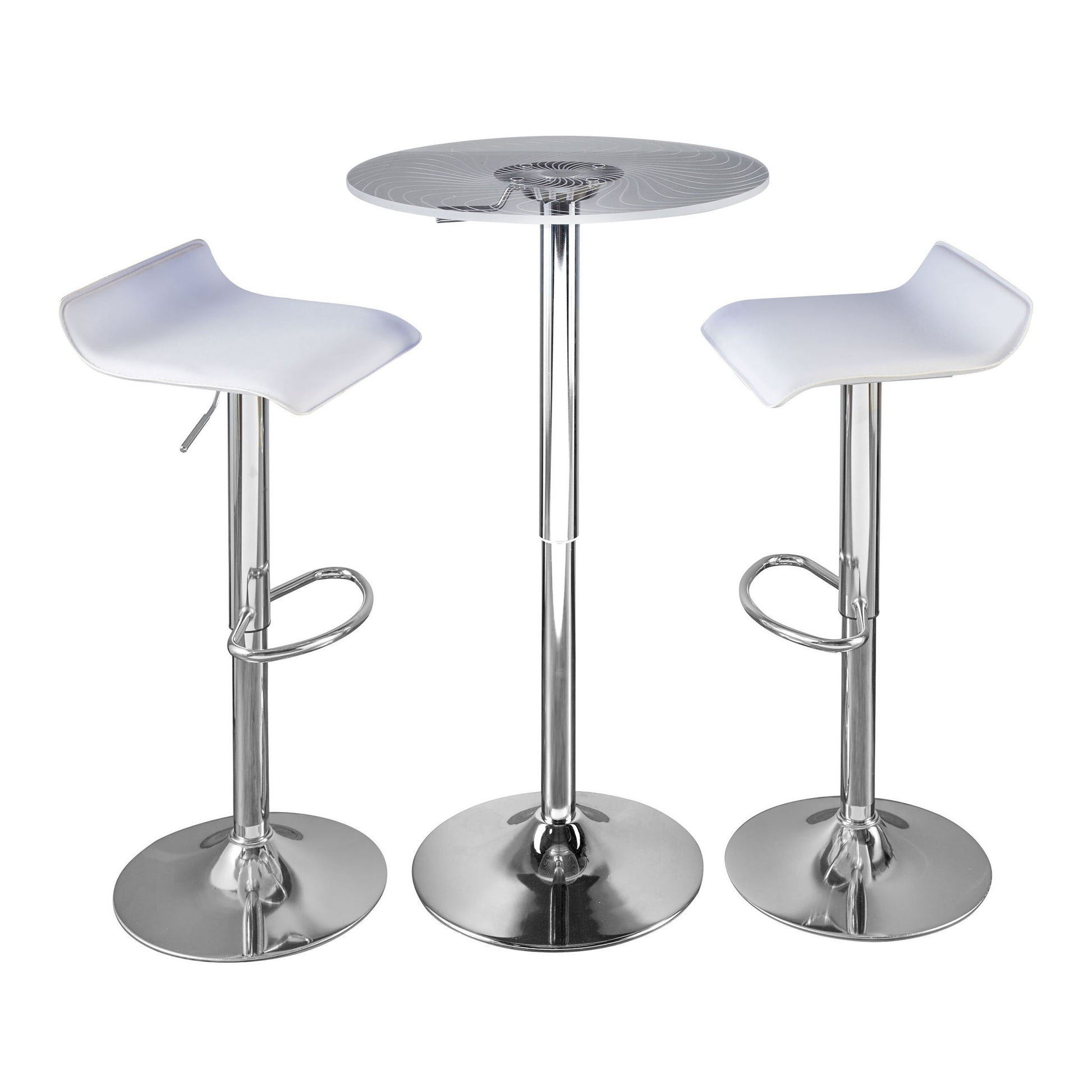 The Spyra Ale - 3 Piece Contemporary Adjustable Bar With Up Set features a round metal table and two white, curved barstools with chrome bases and footrests, displayed on a white background.