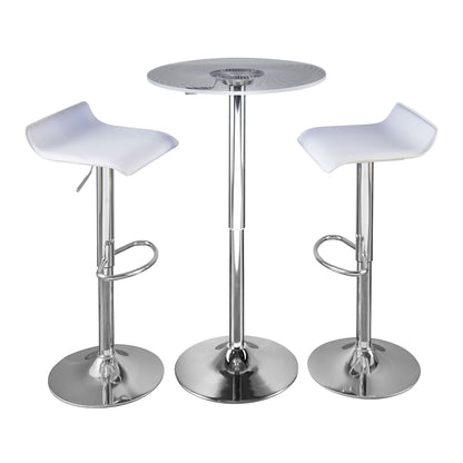 The Spyra Ale - 3 Piece Contemporary Adjustable Bar With Up Set features a round metal table and two white, curved barstools with chrome bases and footrests, displayed on a white background.