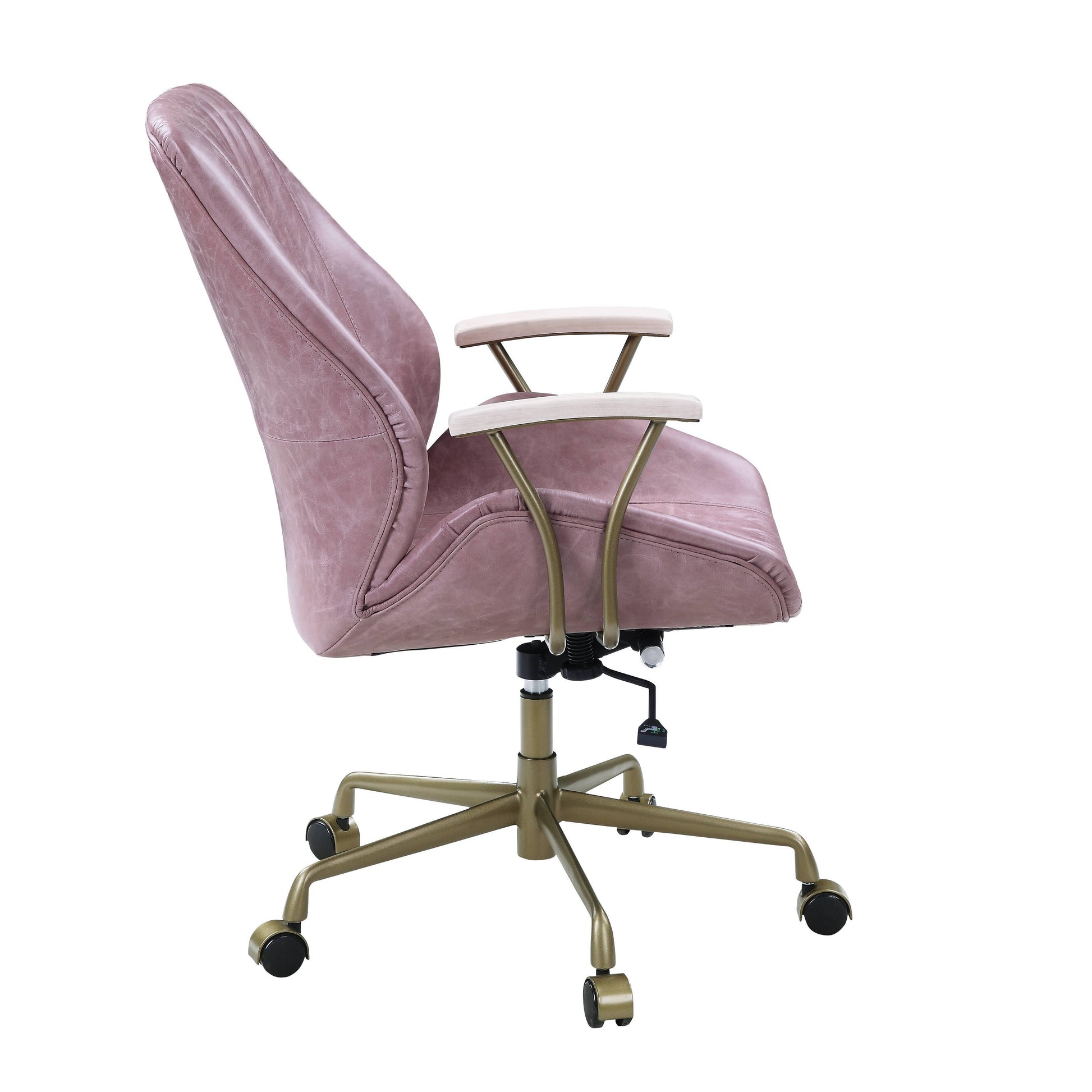 A side view of the Hamilton - Top Grain Leather Office Chair, featuring pink upholstery, wooden armrests, and gold metal legs. The chair includes a swivel base with five black caster wheels.
