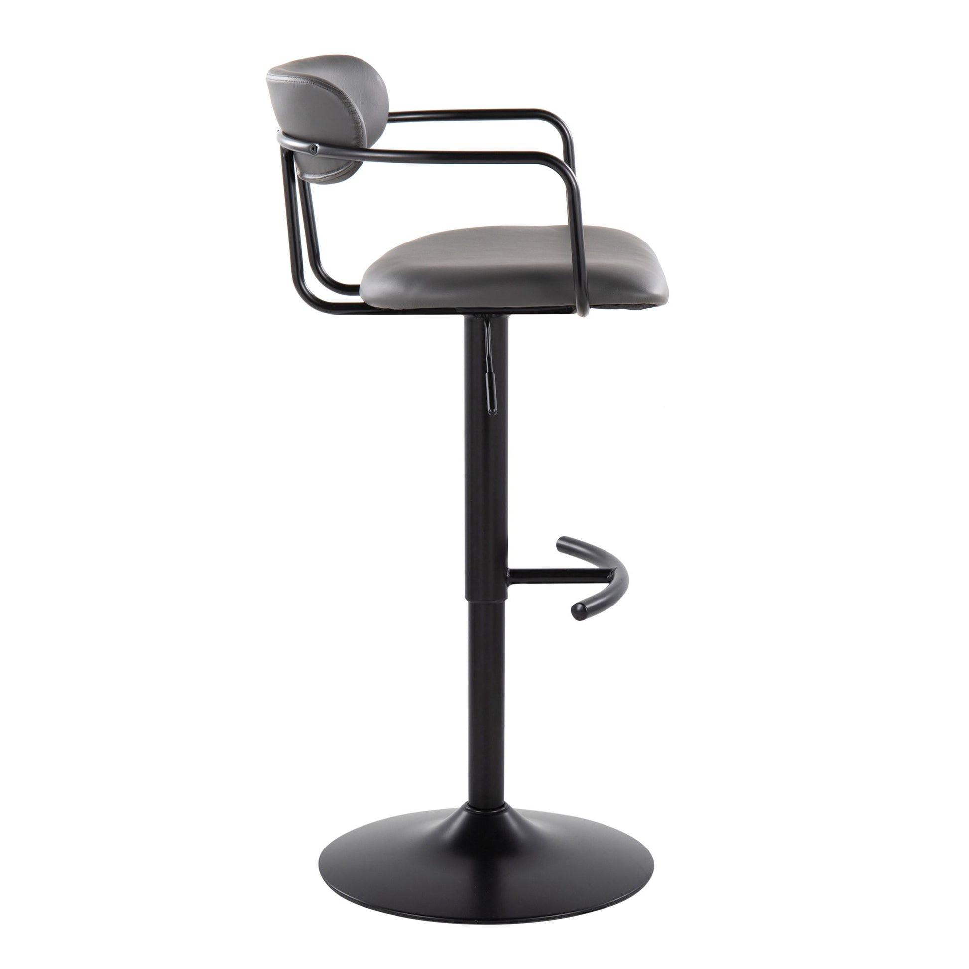 The Demi Contemporary Adjustable Height Barstool features a black round cushioned seat, curved armrests, low backrest, swivel function, circular base, and rounded T footrest; shown from the side against a white background.