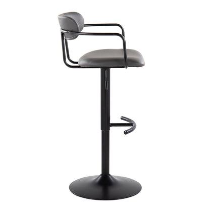 The Demi Contemporary Adjustable Height Barstool features a black round cushioned seat, curved armrests, low backrest, swivel function, circular base, and rounded T footrest; shown from the side against a white background.