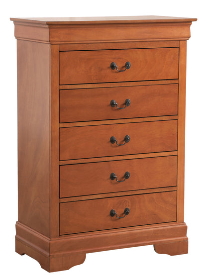 The Traditional Style Storage Chest Elegant features five drawers with black metal handles, a classic design, and a warm brown finish.