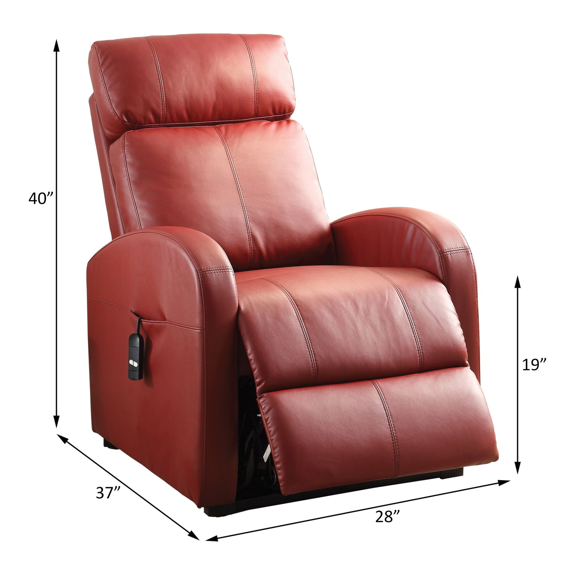 The Ricardo Power Motion Recliner With Lift is a red leather chair featuring a side remote control pocket. Dimensions: 40"H x 37"D x 28"W, with a seat height of 19".