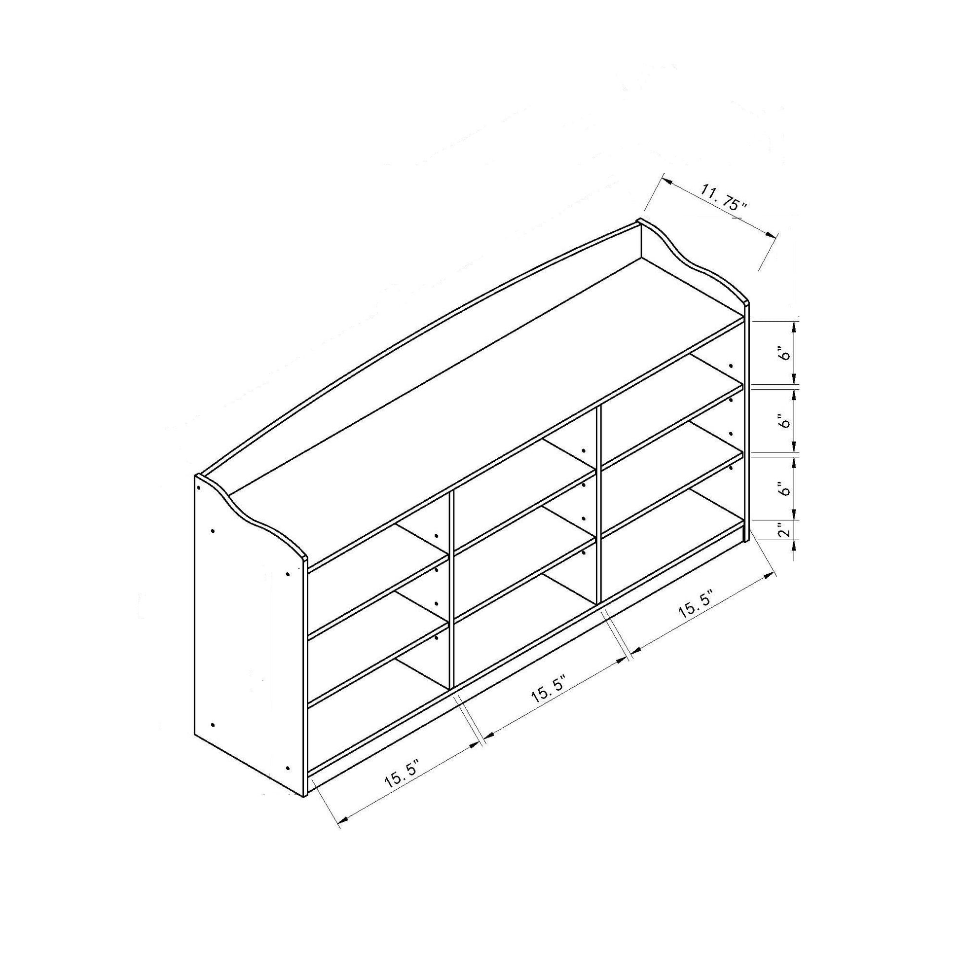 Black and white line drawing of the Entryway Shoe Storage Bench with nine storage shelves. Dimensions: 47.25" wide, 11.75" deep, 5.75" shelf height, and 15.5" column width; perfect as an entryway organizer.
