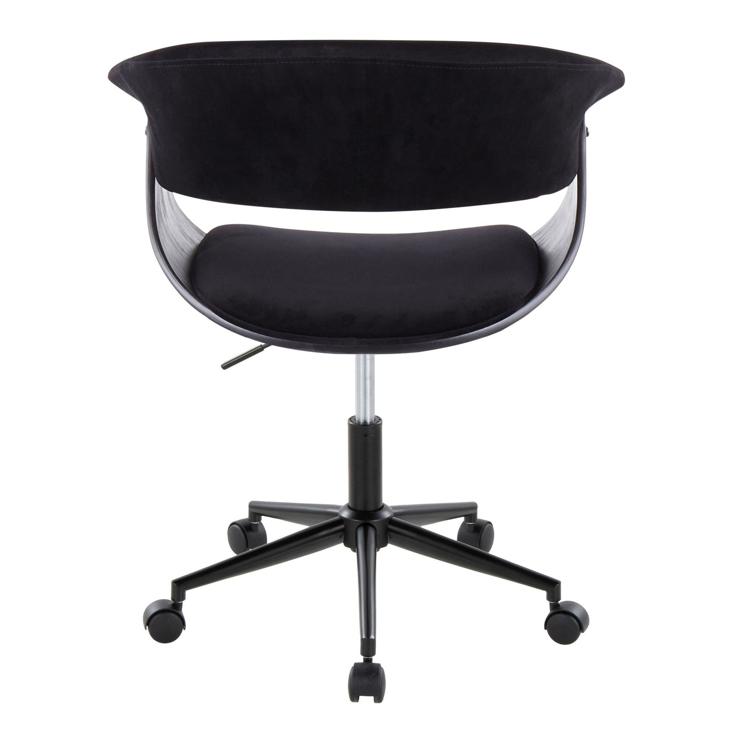 The Vintage Mod - Mid Century Modern Office Chair features a black curved backrest, cushioned seat, adjustable height lever, and a five-wheel black base for easy mobility. Shown from the back.