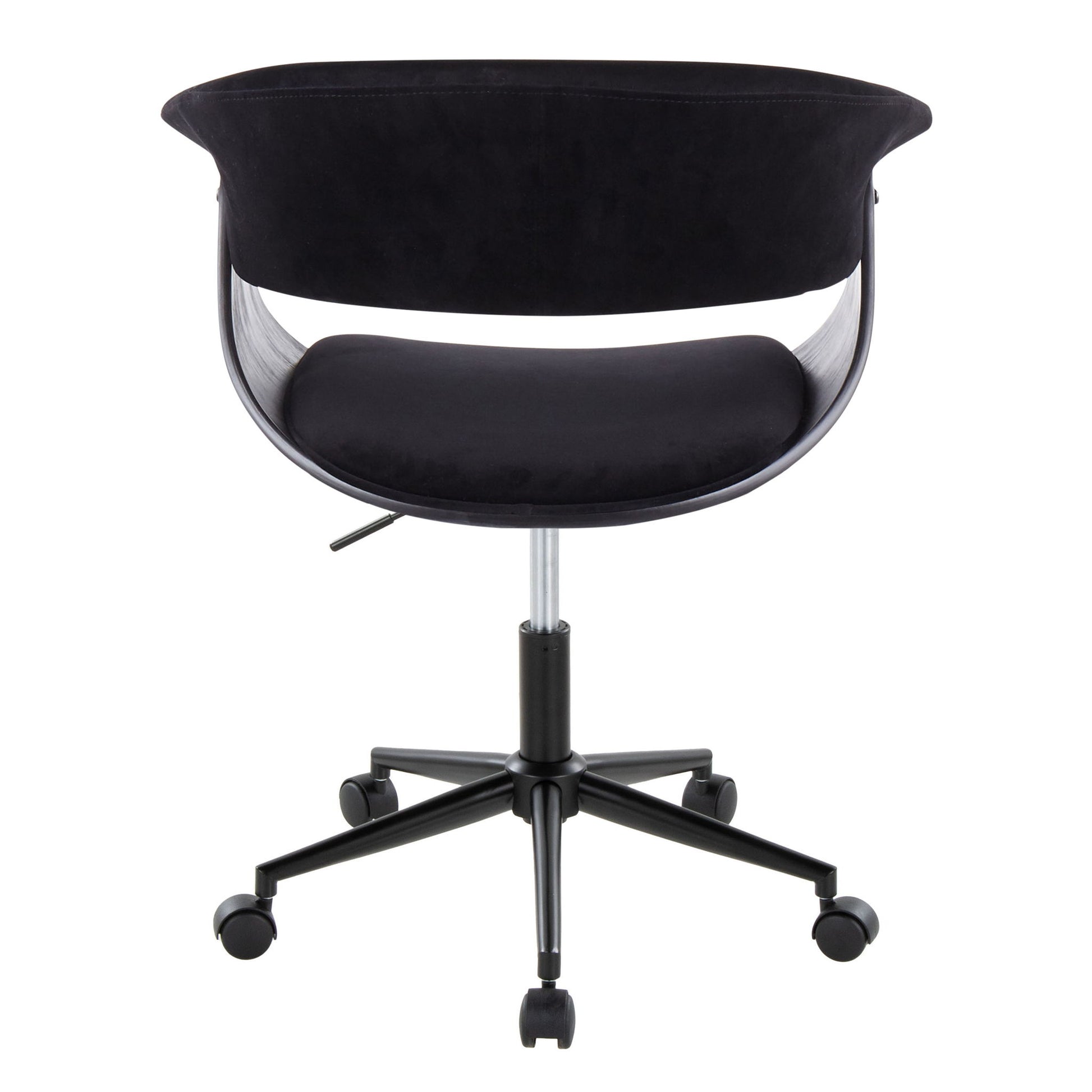 The Vintage Mod - Mid Century Modern Office Chair features a black curved backrest, cushioned seat, adjustable height lever, and a five-wheel black base for easy mobility. Shown from the back.