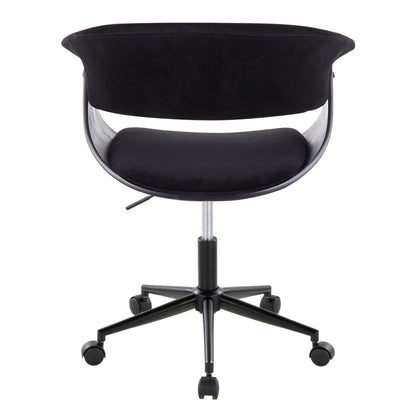 The Vintage Mod - Mid Century Modern Office Chair features a black curved backrest, cushioned seat, adjustable height lever, and a five-wheel black base for easy mobility. Shown from the back.