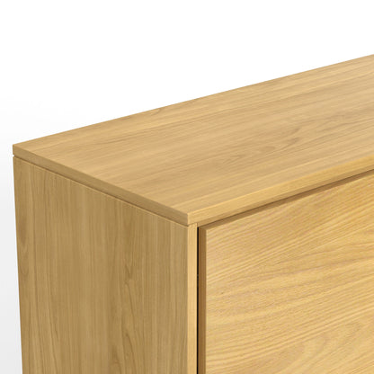 Close-up of the top corner of the Lowry - Handcrafted Sideboard Buffet, showcasing its light wood, smooth natural finish, and clean straight edges against a white background.