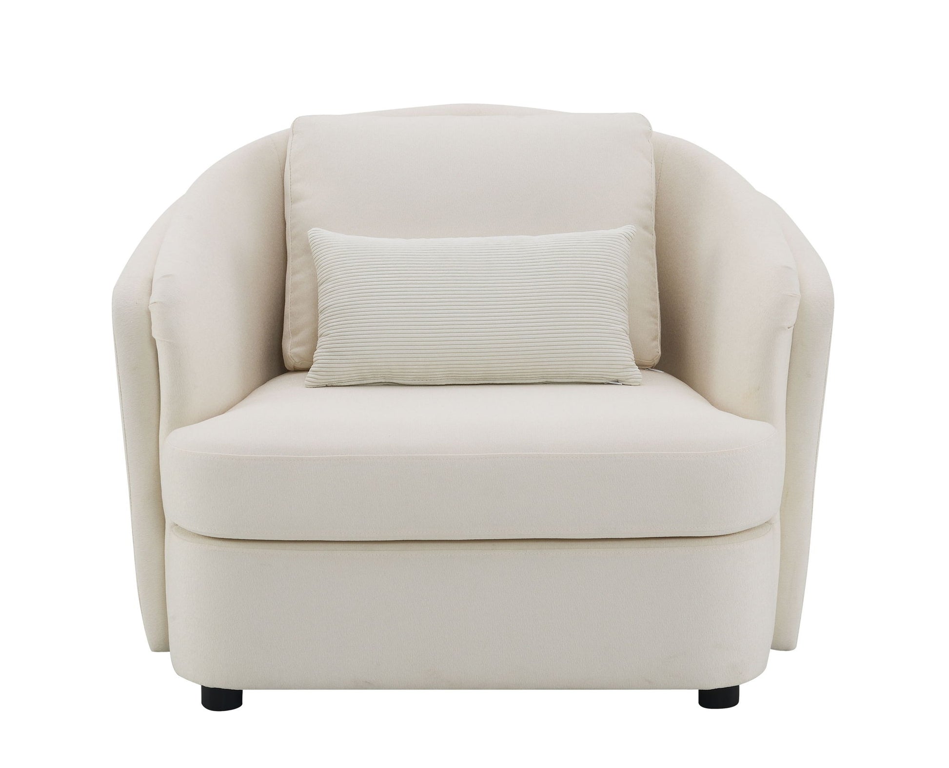 The Mariko Linen Chair in beige features rounded arms, cream upholstery, a matching rectangular toss pillow, and small black legs for a modern, plush look.