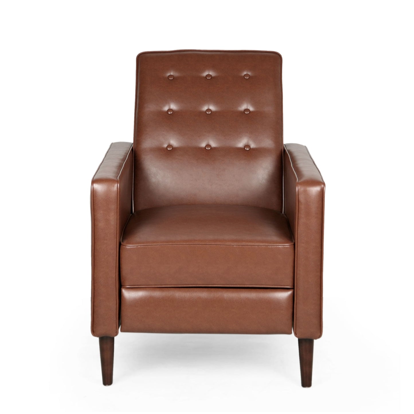 The Mid-Century Modern Recliner With Button Tufted Waffle Stitch features a brown leather finish, button-tufted backrest, square arms, and wooden legs, displayed against a white background.