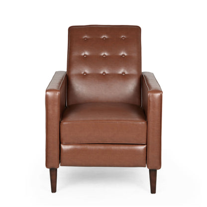 The Mid-Century Modern Recliner With Button Tufted Waffle Stitch features a brown leather finish, button-tufted backrest, square arms, and wooden legs, displayed against a white background.