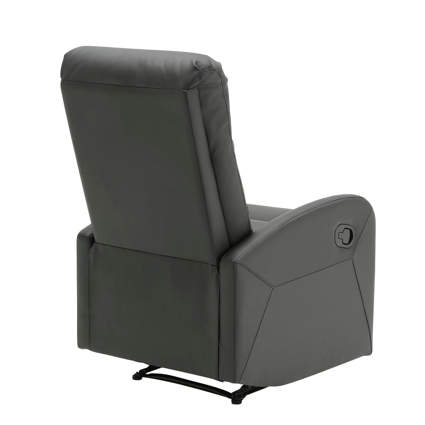The Dormi - Contemporary Recliner Chair is shown in dark gray from the back and side, featuring a visible reclining lever on the armrest and a metal base extending underneath.