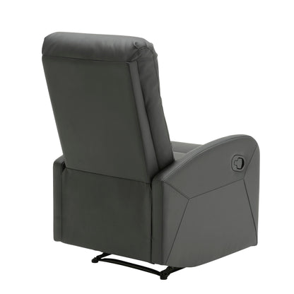 The Dormi - Contemporary Recliner Chair is shown in dark gray from the back and side, featuring a visible reclining lever on the armrest and a metal base extending underneath.