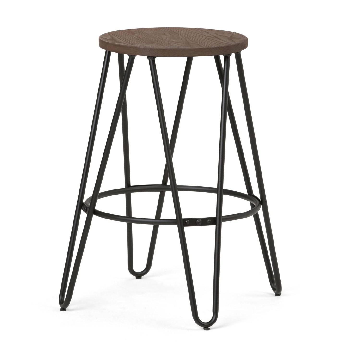 The Simeon Multifunctional Metal Stool features a round dark wood seat and black metal hairpin legs joined by a circular footrest, blending modern style with practical design.