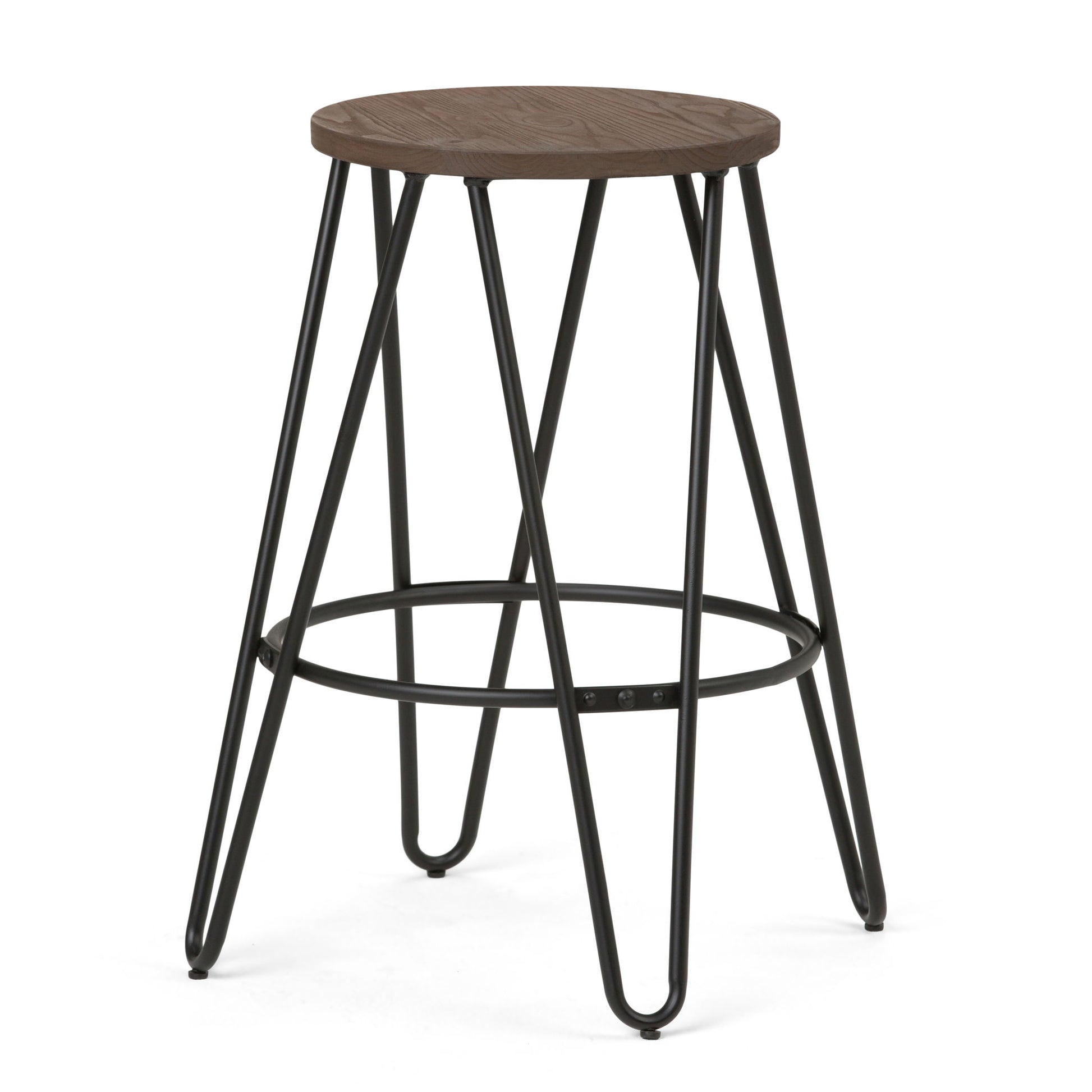 The Simeon Multifunctional Metal Stool features a round dark wood seat and black metal hairpin legs joined by a circular footrest, blending modern style with practical design.