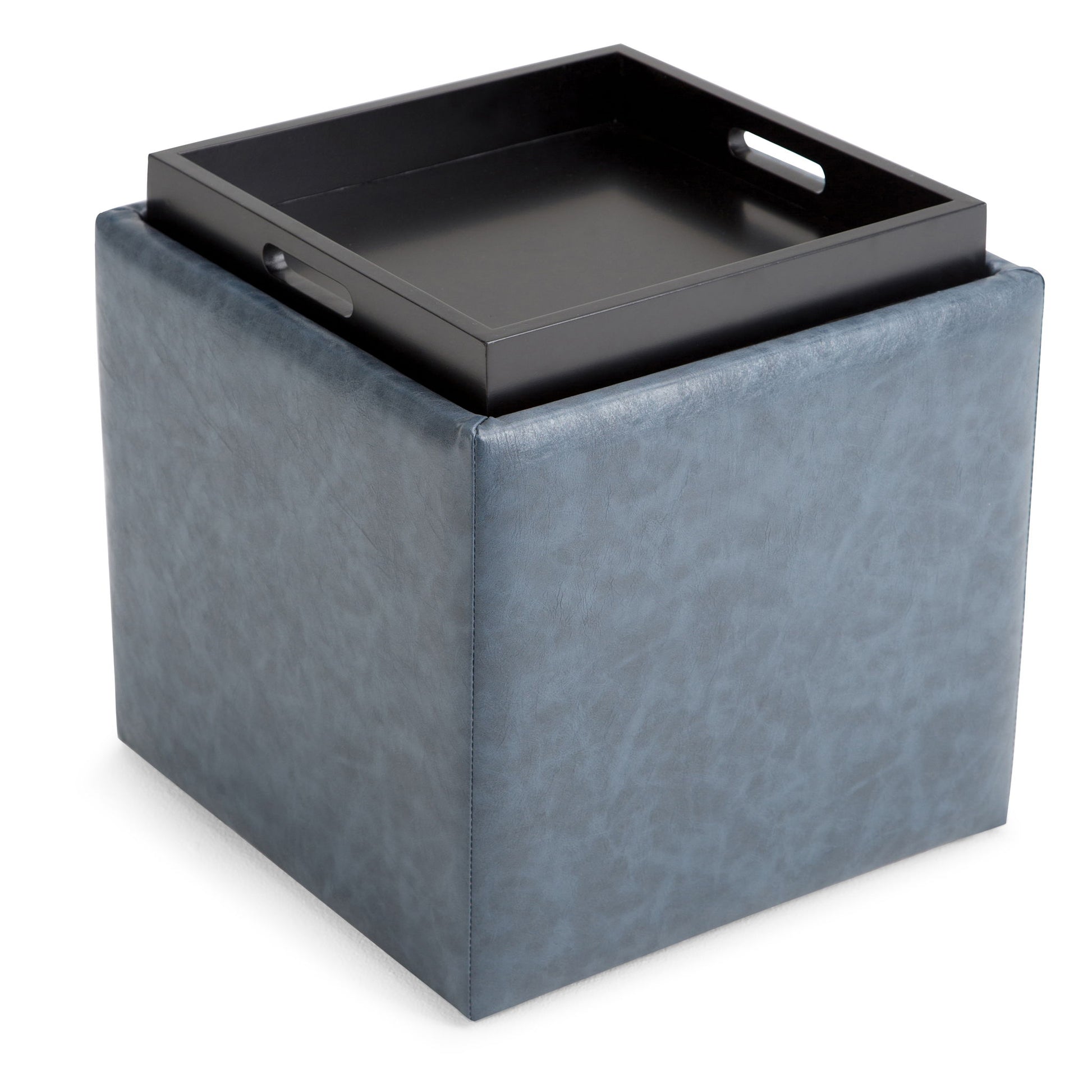 The Rockwood Upholstered Cube Storage Ottoman With Tray features a blue, leather-like finish and includes a removable black tray with cutout handles on each side.