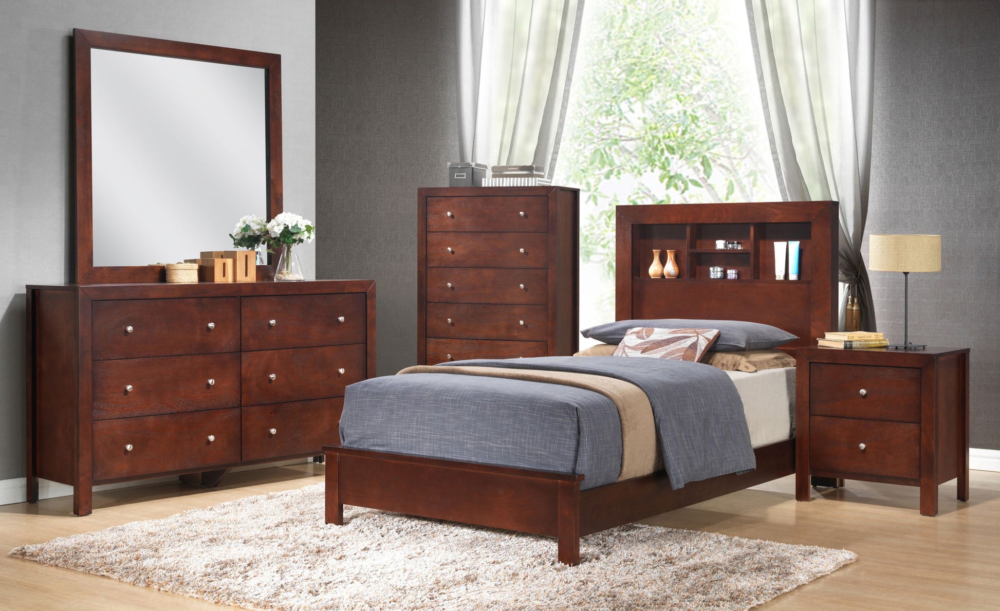 Modern bedroom featuring the Bed With Transitional Design Stylish, dark wood nightstand, dresser with mirror, and tall chest. The bed is dressed in gray and beige bedding, with sheer curtains at the window allowing natural light in.