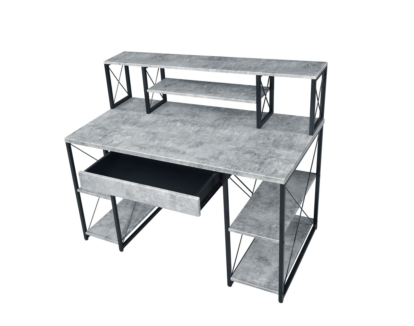 The Amiel - All Purpose Writing Desk is a modern gray desk with a metal frame, a raised shelf, pull-out center drawer, and multiple side shelves for storage, pictured against a white background.