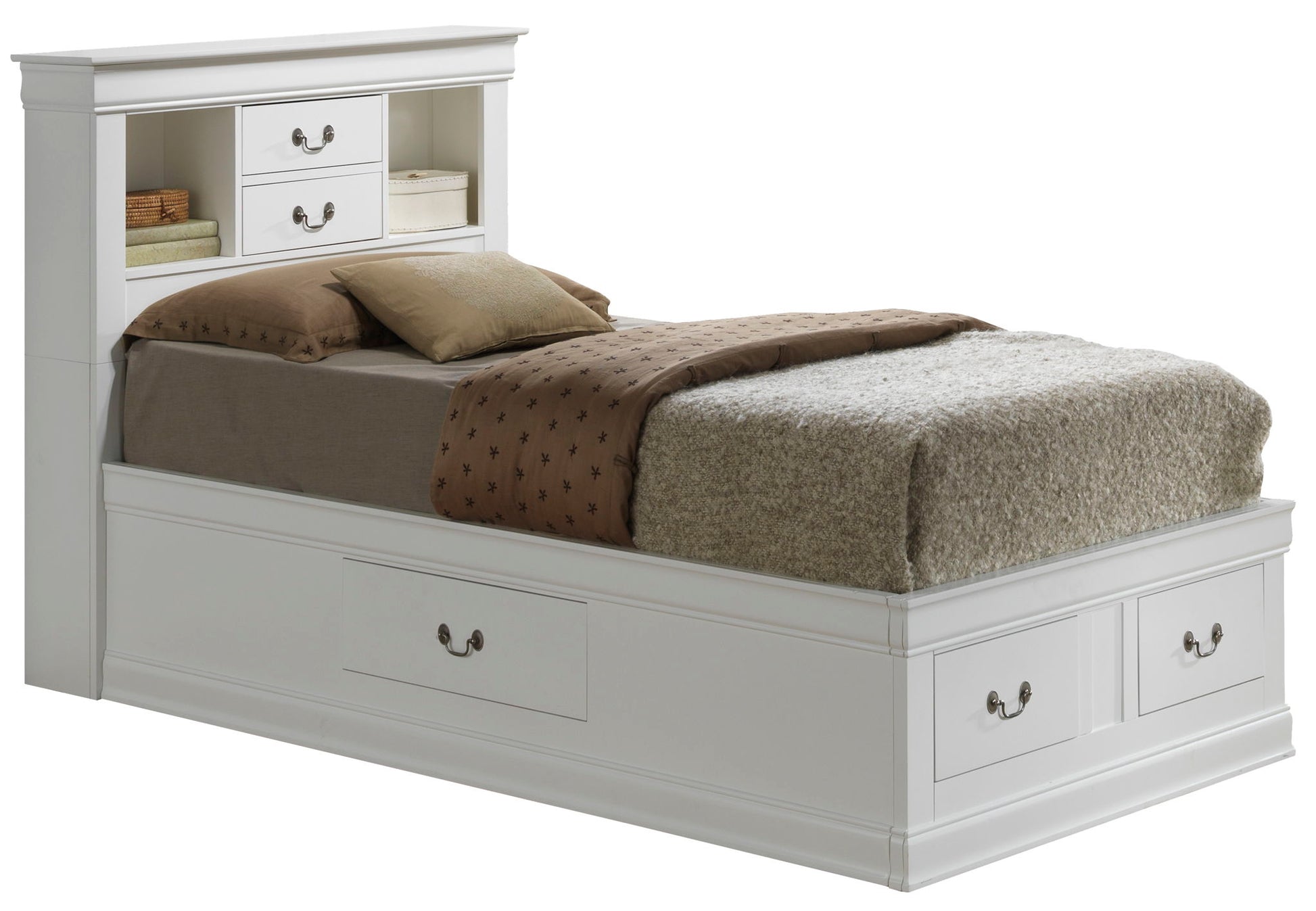 The Louis Phillipe Bookcase Storage Bed features a white frame, two drawers and shelves in the headboard, brown blanket, beige pillows, and spacious storage drawers built into the bed base.
