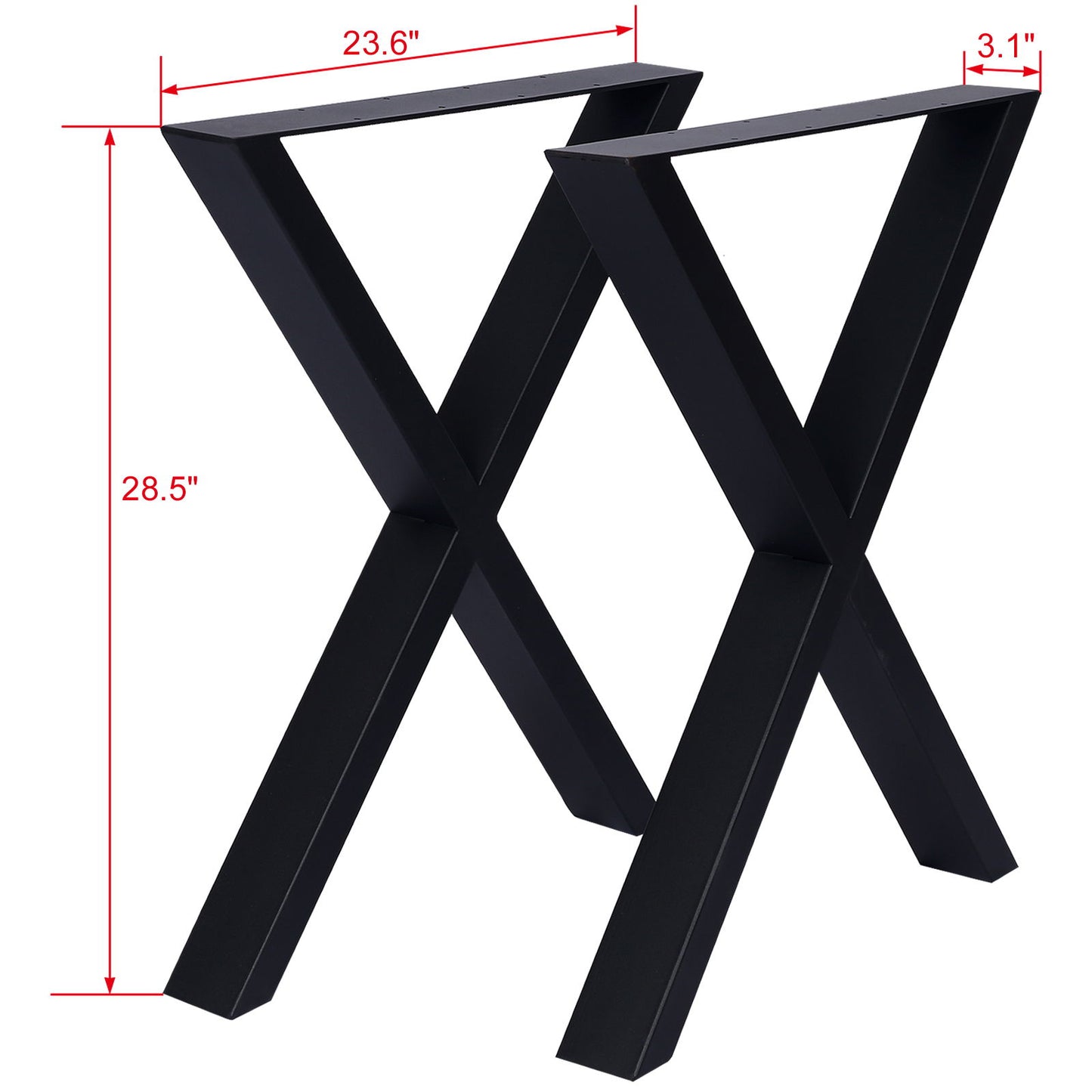 Two black X Table Legs (set of 2), made of heavy duty steel, are displayed side by side with red dimension lines showing they are 28.5" tall, 23.6" wide, and 3.1" deep—ideal for desks or dining tables.