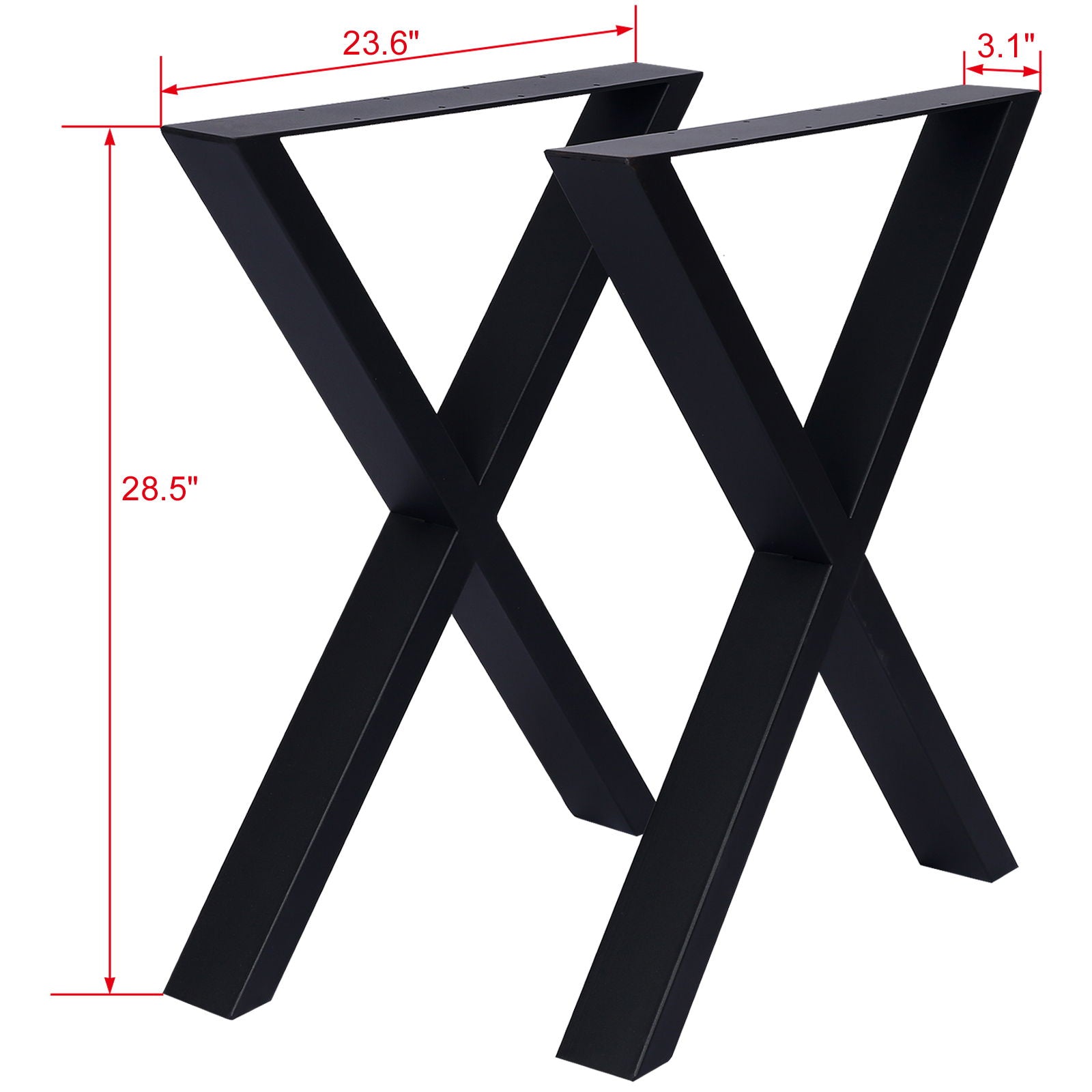 Two black X Table Legs (set of 2), made of heavy duty steel, are displayed side by side with red dimension lines showing they are 28.5" tall, 23.6" wide, and 3.1" deep—ideal for desks or dining tables.