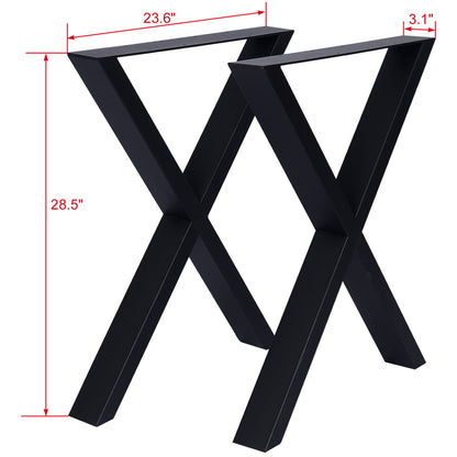 Two black X Table Legs (set of 2), made of heavy duty steel, are displayed side by side with red dimension lines showing they are 28.5" tall, 23.6" wide, and 3.1" deep—ideal for desks or dining tables.