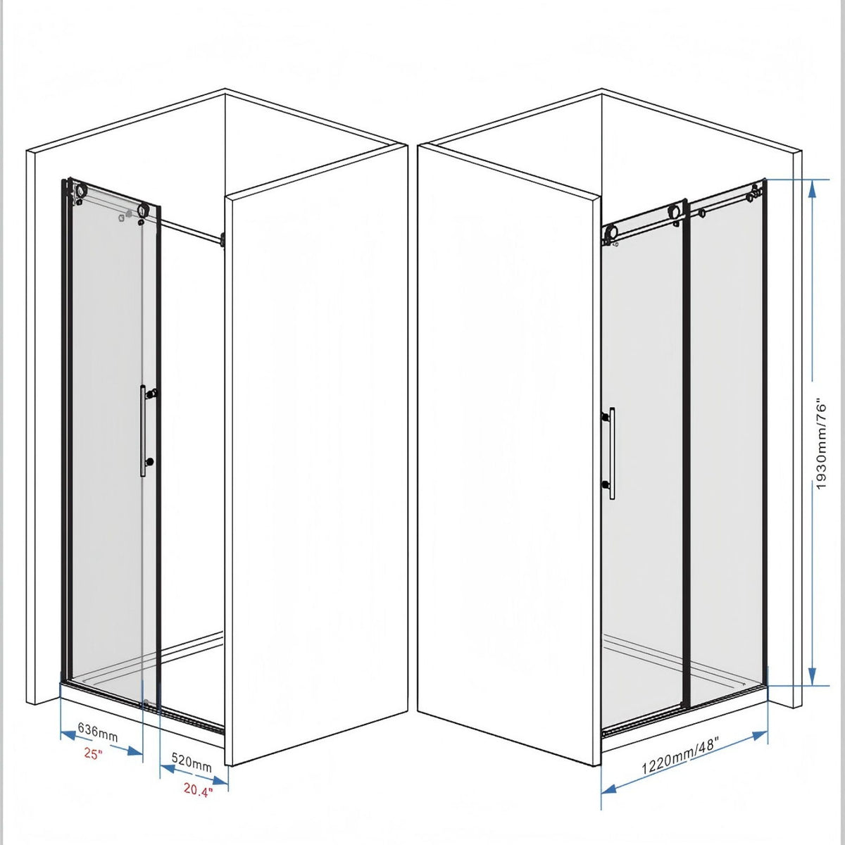 Frameless Shower Door, Smooth Sliding Tracks
