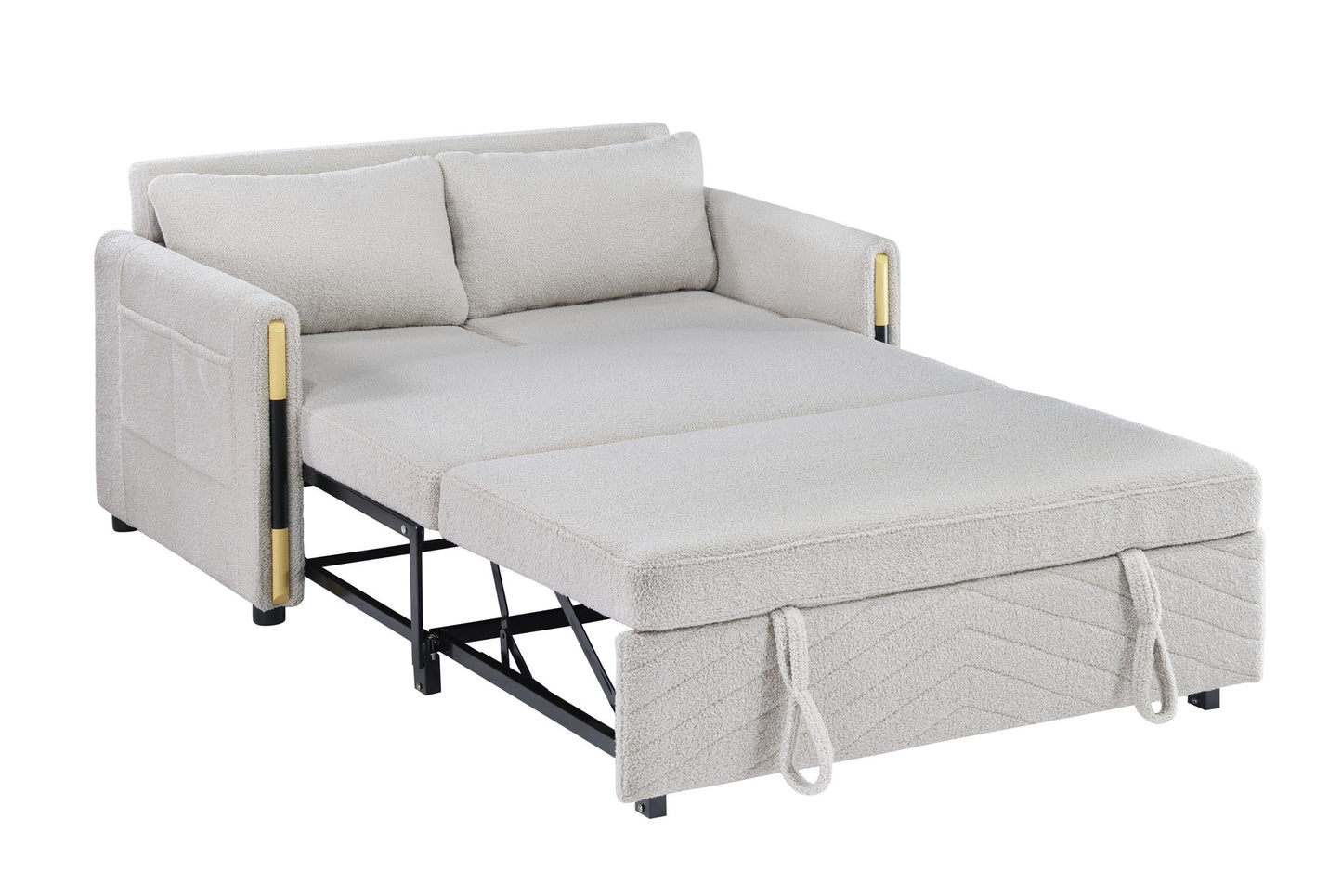 The Percy Teddy Velvet Sleeper Loveseat features a beige convertible design with armrests, two back cushions, side storage pockets, and dual-pull straps. Shown fully extended as a bed with its metal frame visible underneath.