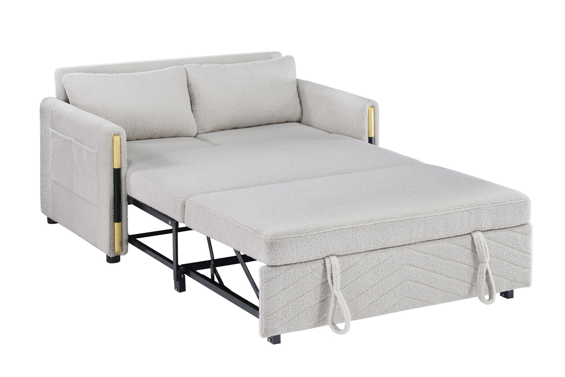 The Percy Teddy Velvet Sleeper Loveseat features a beige convertible design with armrests, two back cushions, side storage pockets, and dual-pull straps. Shown fully extended as a bed with its metal frame visible underneath.