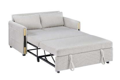 The Percy Teddy Velvet Sleeper Loveseat features a beige convertible design with armrests, two back cushions, side storage pockets, and dual-pull straps. Shown fully extended as a bed with its metal frame visible underneath.