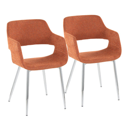 A set of two Margarite Contemporary Dining Chairs with orange fabric, open armrests, and sleek metal legs displayed side by side on a white background.