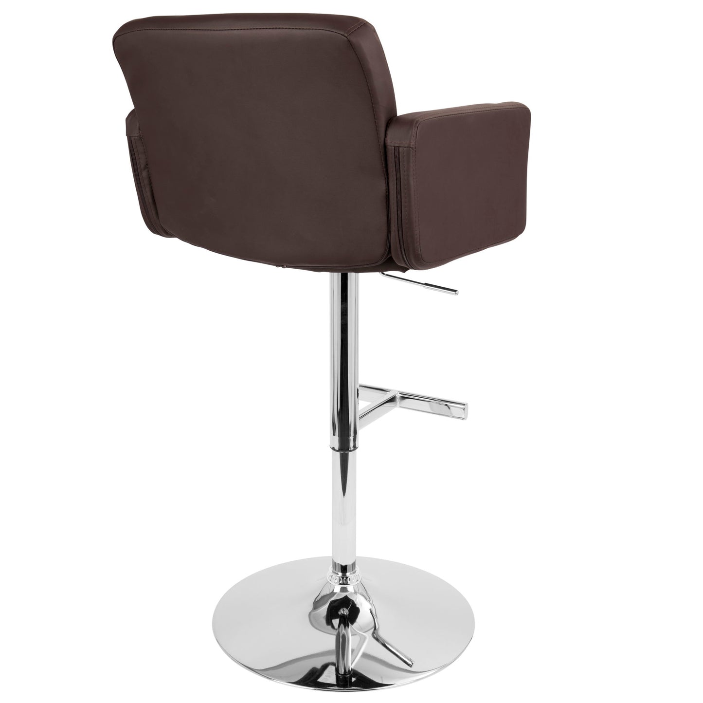 The Stout Contemporary Adjustable Barstool features brown upholstery, a square backrest with armrests, and a shiny chrome pedestal base with footrest and swivel, shown from the back.