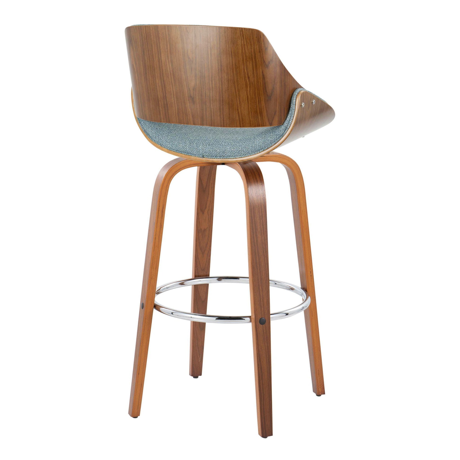 The Fabrizzi Mid Century Modern Fixed Height Barstool features a curved wooden back, gray upholstered seat, swivel function, angled wooden legs, and a round chrome footrest. Sold as a set of 2 with a sleek mid-century design.