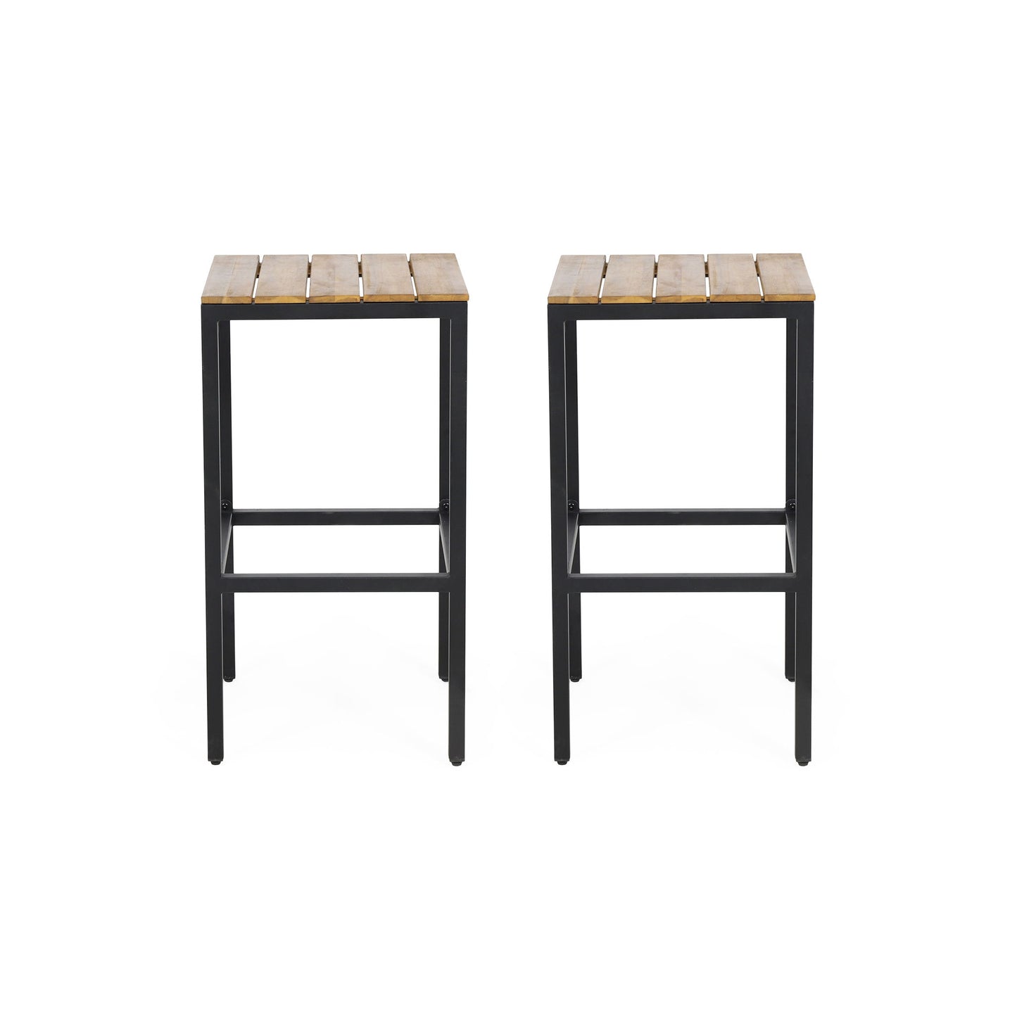 Set of 2 Outdoor Bar Stools with slat design wooden seats and black metal frames, shown side by side against a white background.