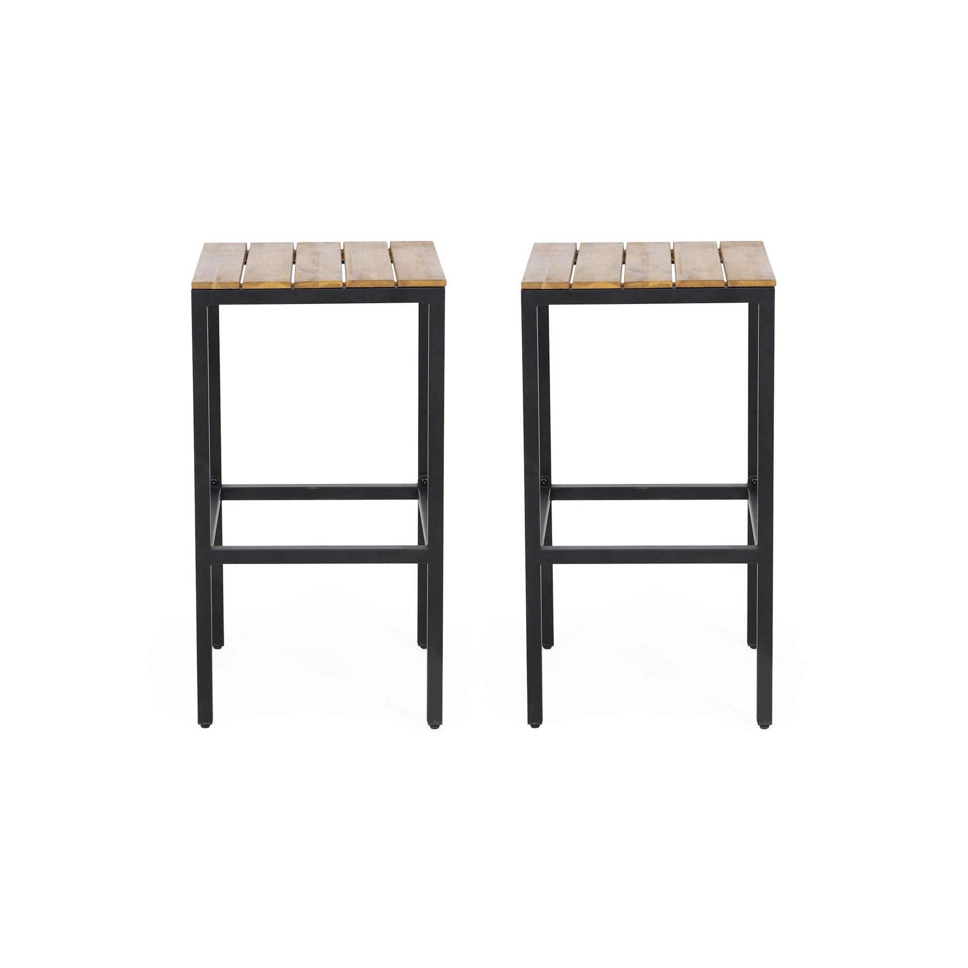 Set of 2 Outdoor Bar Stools with slat design wooden seats and black metal frames, shown side by side against a white background.