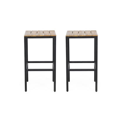 Set of 2 Outdoor Bar Stools with slat design wooden seats and black metal frames, shown side by side against a white background.