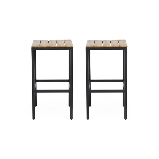 Set of 2 Outdoor Bar Stools with slat design wooden seats and black metal frames, shown side by side against a white background.