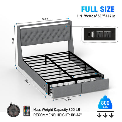 Floating Bed Frame With Rgb LED Light, 2 Storage Drawers & Headboard Shelf