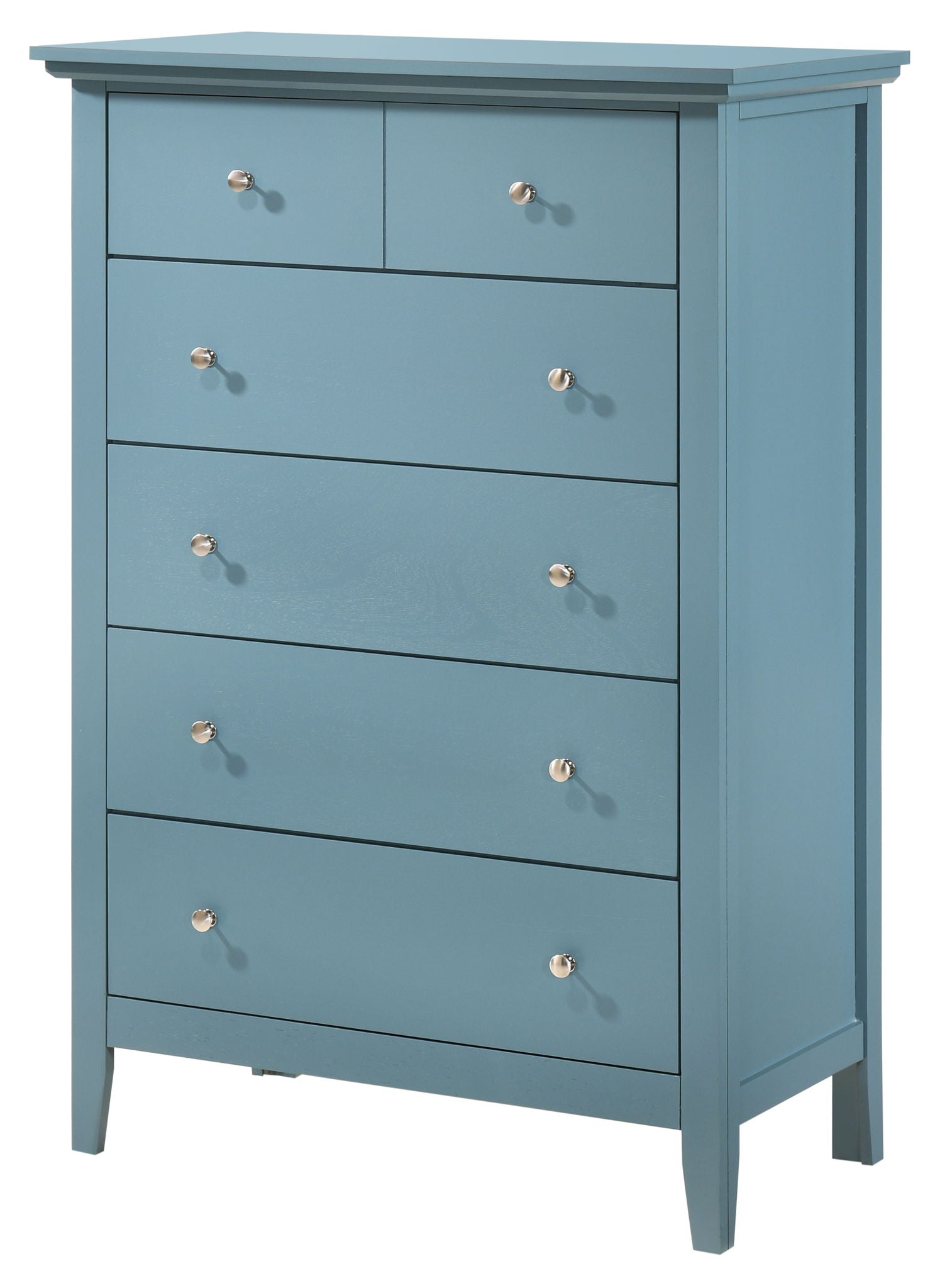 The Hammond Chest is a blue wooden dresser featuring six drawers—two small ones on top and four larger below—all with round metal knobs, and stands on short legs.