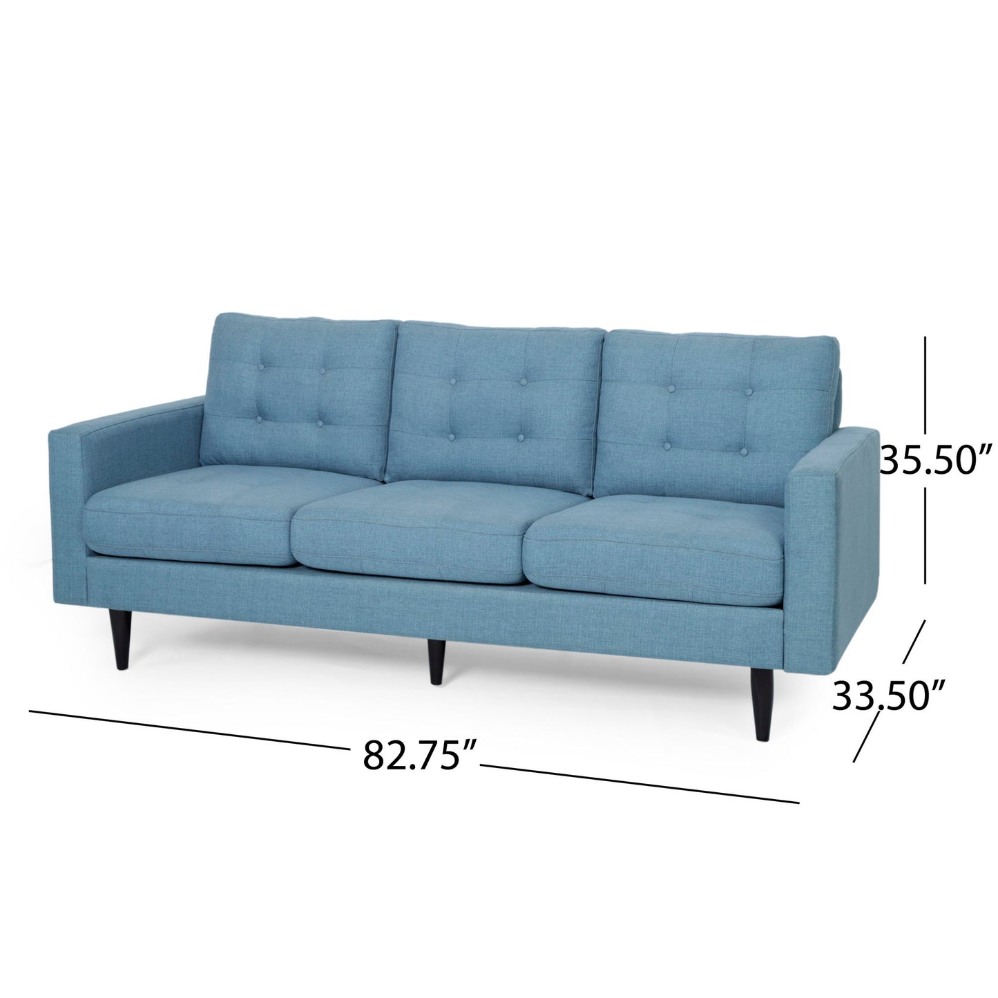 The Jenny - Contemporary Tufted Fabric 3 Seater Sofa features a light blue color, three seat cushions, tufted back, straight arms, and tapered black legs. Dimensions: 82.75"W x 33.5"D x 35.5"H.