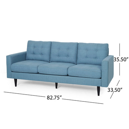 The Jenny - Contemporary Tufted Fabric 3 Seater Sofa features a light blue color, three seat cushions, tufted back, straight arms, and tapered black legs. Dimensions: 82.75"W x 33.5"D x 35.5"H.